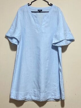 Lord & Taylor Dress 100% Linen Bell Sleeve Relaxed Fringe Blue Size XL